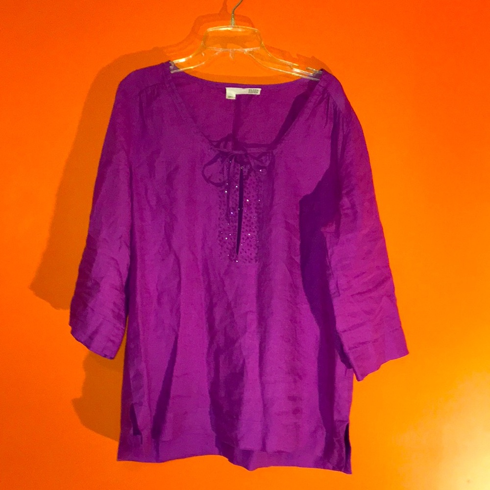 Eileen Fisher Purple Women's Beaded Top Size Medium 8/10 100% Irish Linen